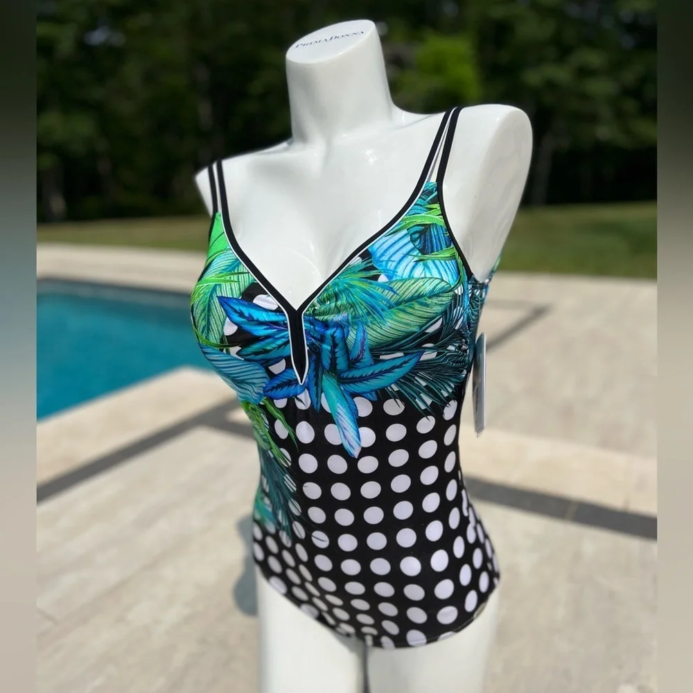 ‼️SALE ‼️ NWT One Piece Swimsuit By Sunflair polkadot with palm print Size 14